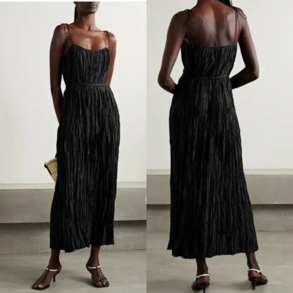 Ulla Johnson Orla Dress Midi Crushed Satin Plisse‎ Size 6 Noir Black Crinkled